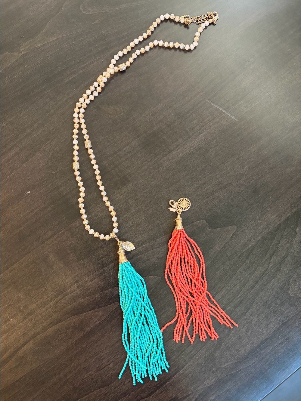 Premier Designs Beaded Tassel Necklace with Turquoise and Coral Tassels